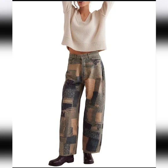 Free People Illusions Patchwork Printed Jeans Barrel Leg Relaxed Indigo 27 NWT - Picture 9 of 15